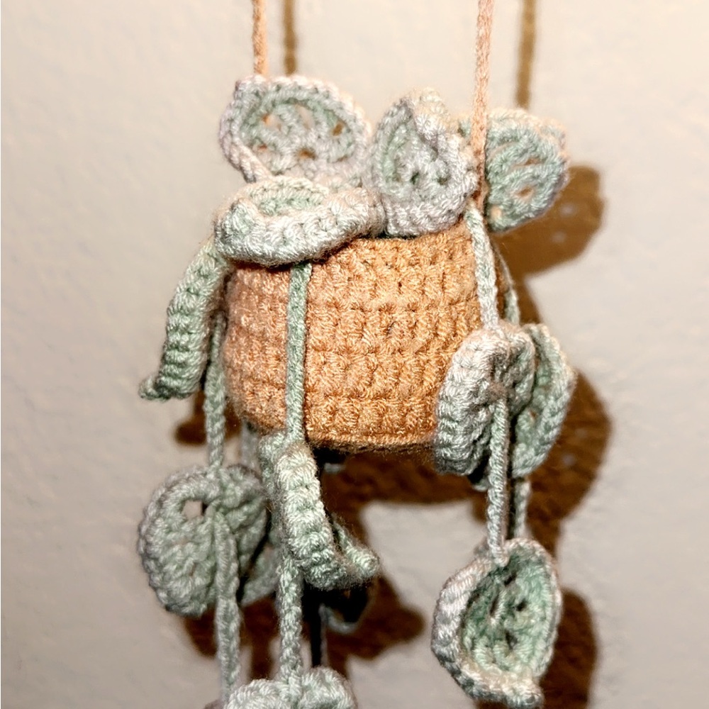 Handcrafted Crochet Hanging Planter in Tan and Green